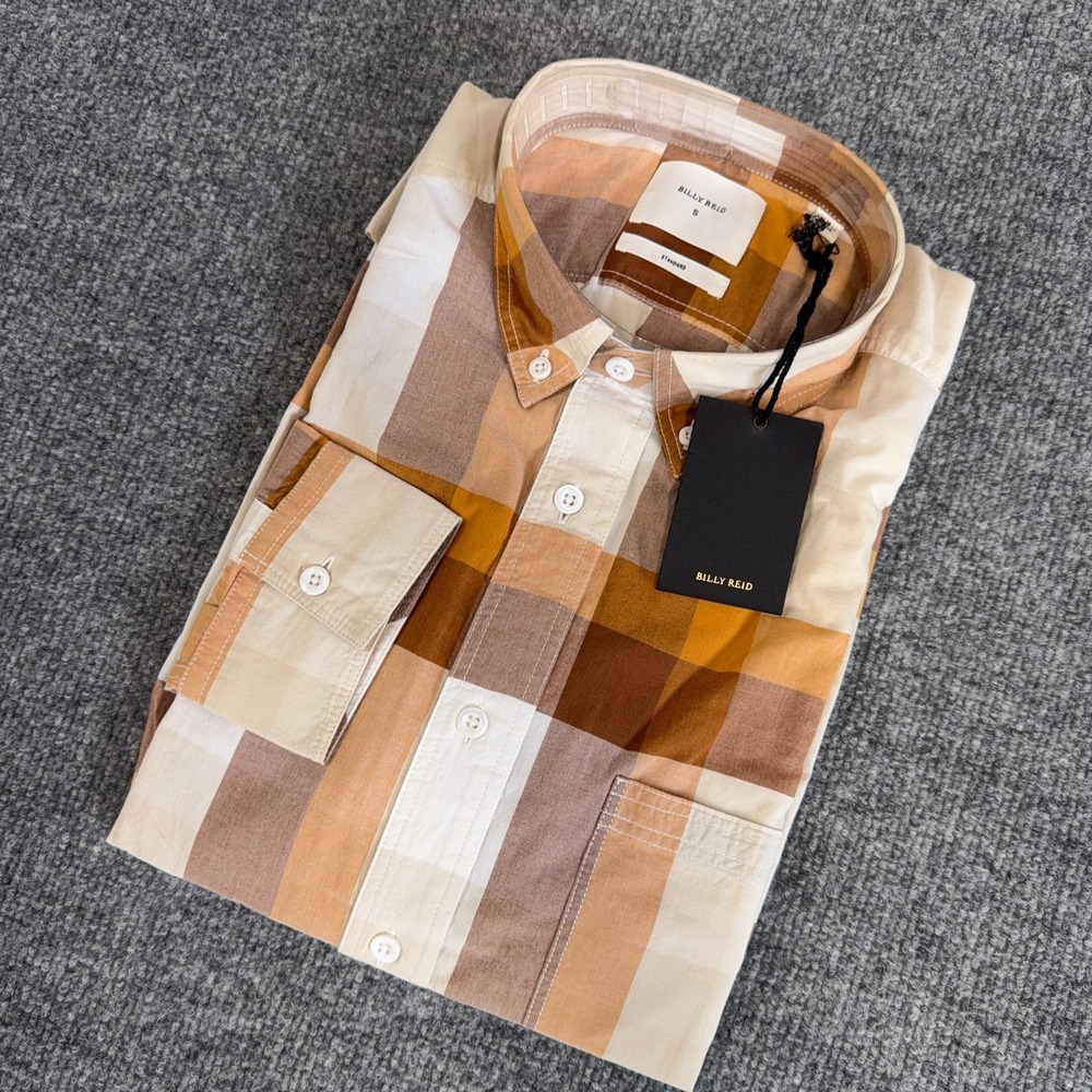 Billy Reid Shirt Men Small Brown Large Scale Plaid Tuscumbia Long Sleeve NEW
